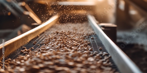 Gravel falling on conveyor belt in a quarry
