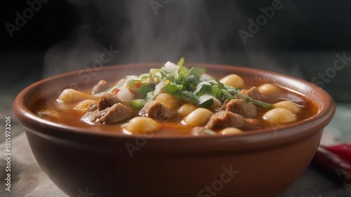 Pozole Mexican hominy stew reveal panning steam rising