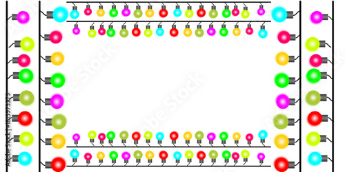 A festive rectangular frame made of colorful, glowing string lights on a clean white background, creating a vibrant border with copy space.