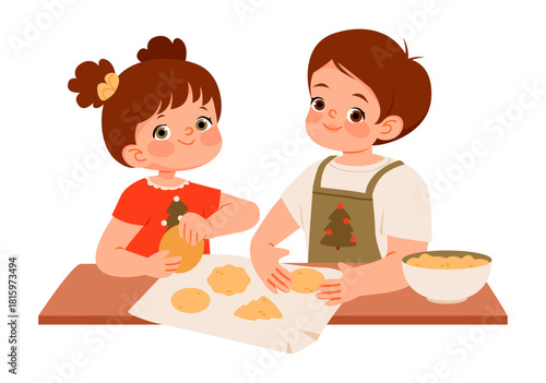 Kids making Christmas cookies together. Happy children baking festive holiday cookies with dough on table, wearing Christmas clothes and smiling.