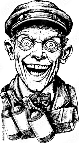 Vintage character with a surprised smile and bowtie holding bottles. Black and white vector illustration in quirky retro style.