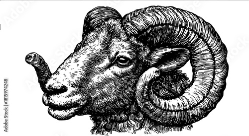 Sheep illustration in black and white outline style. Vintage vector design with realistic features and detailed horns, ideal for art sets.