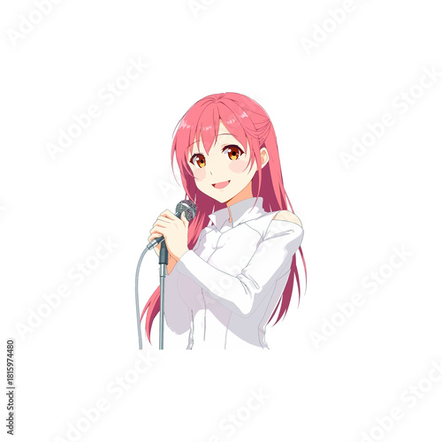 Anime girl with long pink hair holding a microphone detailed illustration