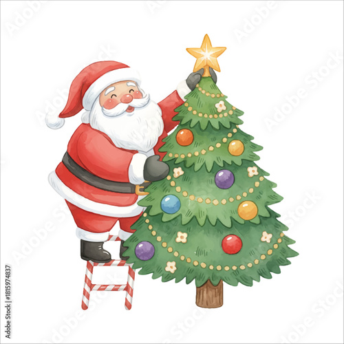 Santa Claus Vector Decorating Christmas Tree Illustration Isolated on White Background

