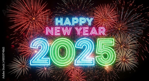 Happy New Year 2025 Celebration with Fireworks Display.