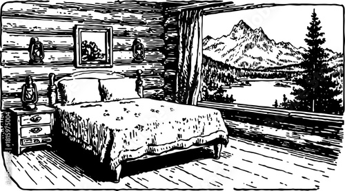 Cozy bedroom with a view of mountains through the window. Vintage hand-drawn vector illustration of a cabin interior and nature scenery.