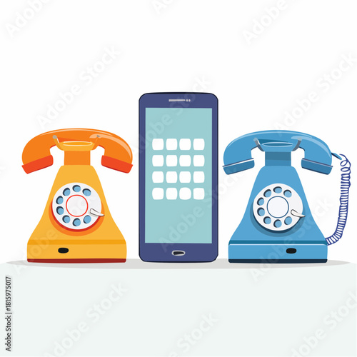 Evolution of communication Vintage rotary telephones placed alongside a modern smartphone, showcasing the technological progress in connecting people