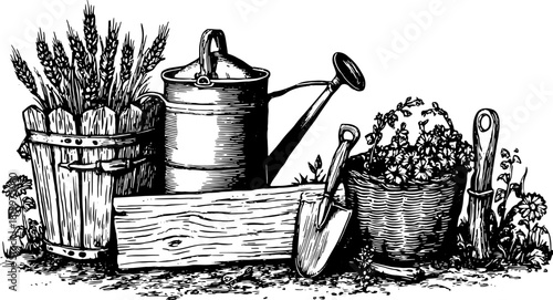 Gardening tools set: watering can, bucket, spade, and flowers in a black and white vector illustration. Various gardening elements are depicted in this artwork.