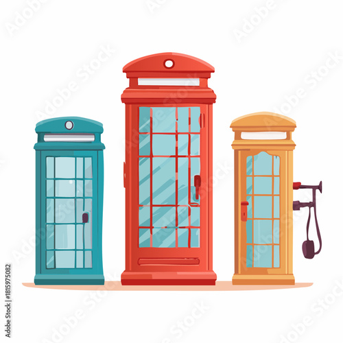 A captivating vector illustration showcasing a vibrant sequence of three iconic vintage public telephone booths, highlighting their diverse architectural styles and historical charm on white