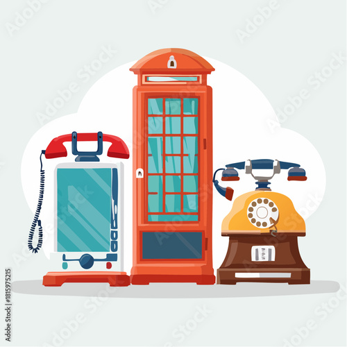 An illustrated collection showcasing the evolution of telecommunication with vintage telephones, a rotary dial phone, and a classic red booth