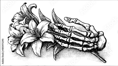 Skeleton hand with lily flowers and leaves in black and white. Vintage lineart vector illustration with shading.
