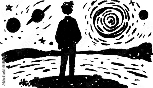 Silhouette of a man gazing at space with planets and stars. Black and white vector illustration depicting a serene landscape.