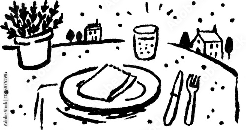 Table set with food, plant, fork, and knife. Simple black and white vector illustration depicting a dining scene.