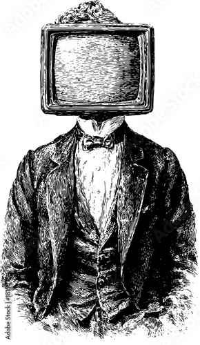 Television head in a vintage suit with bowtie. Monochrome surreal illustration with detailed linework and vector style.
