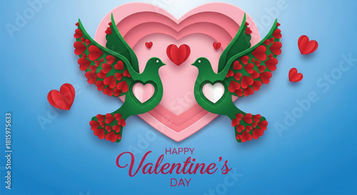 A illustration showcases two green birds adorned with red roses, symbolizing love and affection on Valentine's Day, creating a romantic and celebratory atmosphere.