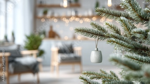 Christmas tree branch with ornament in cozy room pine needles