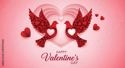 A illustration features two red birds adorned with heart shapes, set against a soft pink backdrop, perfect for conveying love and affection on Valentine's Day. 