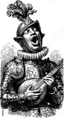Antique silhouette of a musician in armor playing the mandolin and singing. Hand-drawn vector illustration showcasing retro craftsmanship.