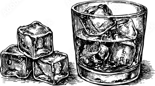Vintage vector illustration of ice cubes and glass filled with water. A classic set of drawings depicting a drink in a simple, black and white style.