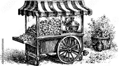 Vintage popcorn cart engraving. Hand-drawn illustration featuring an antique cart with wheels, set in a retro style vector illustration.