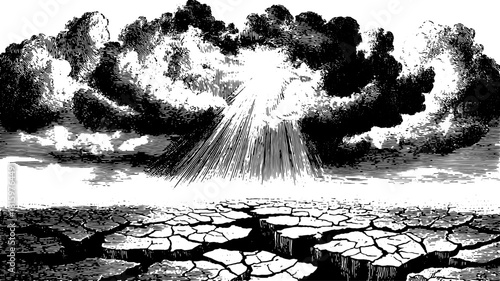 Engraving print featuring dramatic clouds and rays illuminating a cracked surface. A vintage vector illustration with retro textures.
