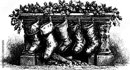 Illustration of stockings in a vintage style hanging on a decorative pot with greenery. Detailed vector design featuring festive holiday elements set in a classic black drawing.