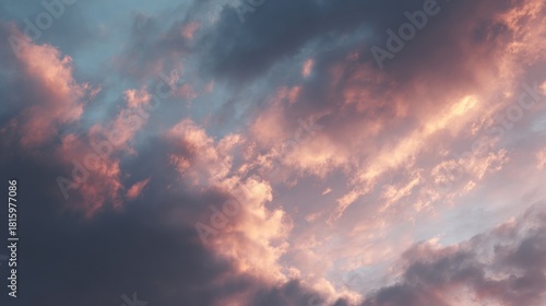 Fototapeta Naklejka Na Ścianę i Meble -  Close-up of a cloudy sky. the sky is filled with fluffy, pink and orange clouds that are illuminated by the warm light of the setting sun.