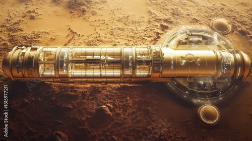 Fototapeta Naklejka Na Ścianę i Meble -  A futuristic space habitat floating on the surface of Mars. The sleek design embodies advanced technology. Explore the unknown and imagine new worlds. Generative AI