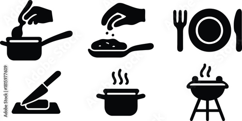 Cooking and Dining Icon Set, Cooking Icon Set, Food Preparation Symbols, Culinary Activity Icons, minimalist cooking icons – Black Line Illustrations of Stirring, Seasoning, Boiling, Grilling, Cutting