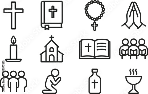 Christian Worship Icon Set, Christian icon Set, Religious Symbol Set, Church Building Icon, Holy Icon Set – Black Line Symbols of Bible, Cross, Prayer, Church, Communion, and Faith for Religious