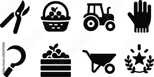 Agriculture and Farming Icon Set, Farming Icon Set, agriculture symbol vector, black silhouette farm icons – Black Silhouette Symbols of Tools, Produce, Equipment, and Harvest for Rural and Eco-Friend