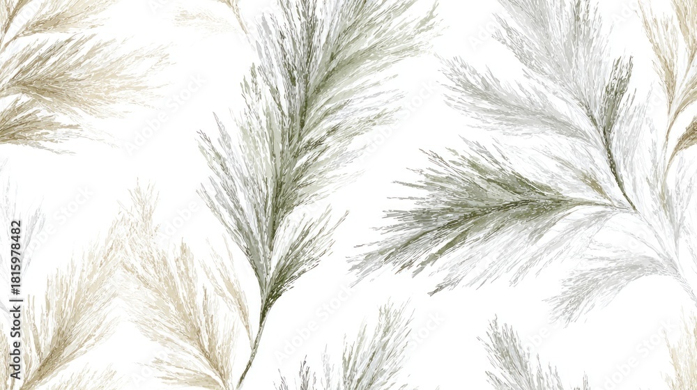 Naklejka premium A delicate pattern of soft green and beige foliage, creating a tranquil and natural aesthetic on a white background.