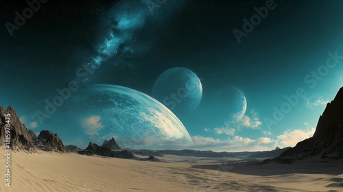 Alien desert landscape with planets and rock spires