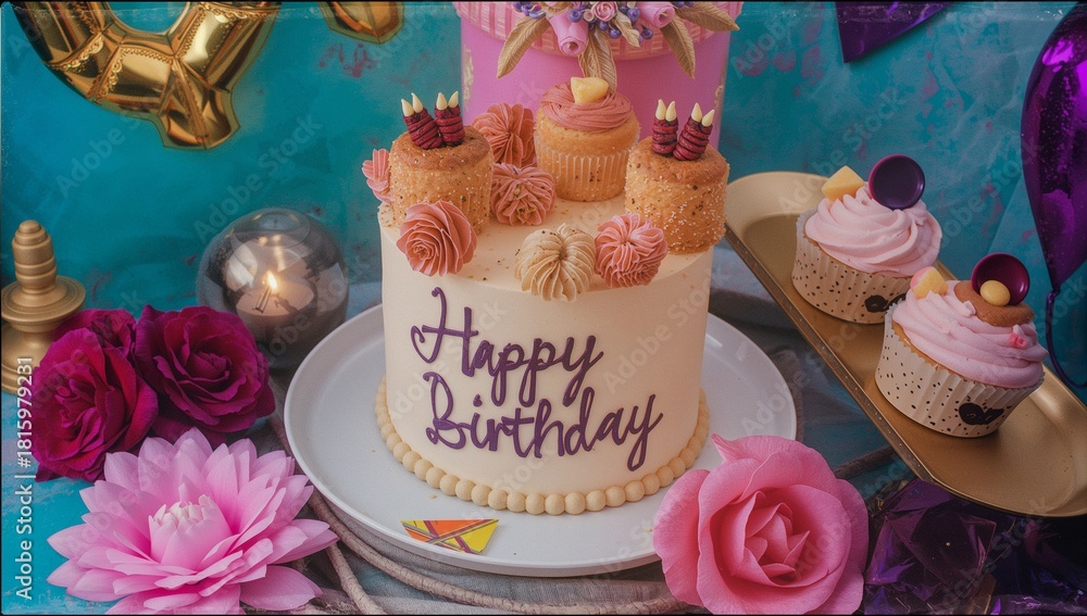 Naklejka premium Birthday Gift Set with Cupcakes, Cake, and Greeting Card