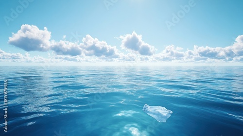 Plastic bag drifts on vast blue ocean under bright sky highlighting pollution crisis
