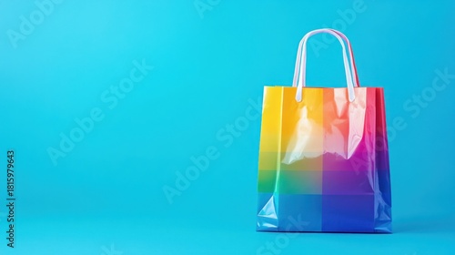 Vibrant rainbow shopping bag pops against clean blue background for retail promotions