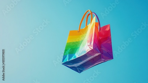Vibrant rainbow shopping bag floats joyfully against a clear blue sky