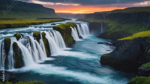 Wallpaper Mural Majestic waterfall cascading over rocky cliffs into a serene river surrounded by lush green hills and soft light from a vibrant sunset sky reflecting on the water's surface Torontodigital.ca