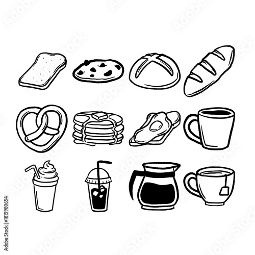 Cafe Bakery and Drink Bold Character Illustration. Hand Drawn Vector Set of Coffee, Pastry, and Drink Characters Isolated on White