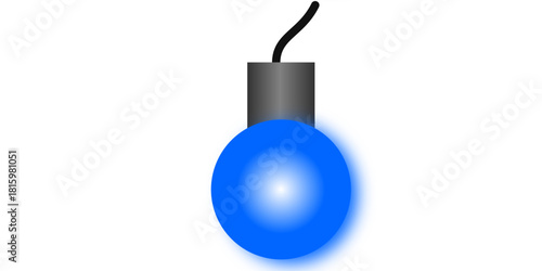 A single glowing blue light bulb with a cord against a plain white background.