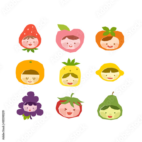 Charming decorative fruit-head character asset pack for digital journaling and preschool teaching aids, featuring assorted healthy food mascots in a modern organic style.