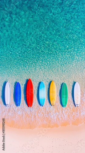 An overhead shot shows a row of seven surfboards in various bright colors, standing upright on a sandy beach with gentle waves lapping at their bases.
