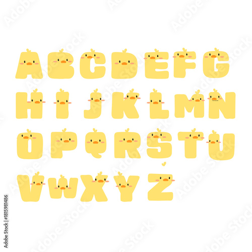 Cute yellow chick alphabet and nursery font. Flat doodle letter elements for kids educational posters, preschool learning materials, and baby shower decor.