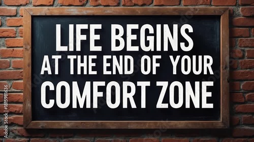 Inspiring wall art showcasing a motivational quote illuminated by soft natural light against a rustic brick background with a warm wooden frame emphasizing personal growth and change.