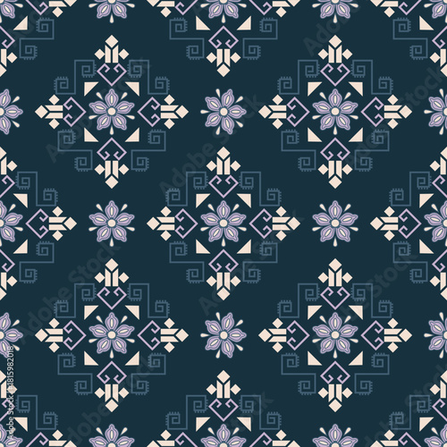 A Blue-Purple tone Basic Flower vector geometric pattern with retro-inspired shapes, a trendy color palette, and a versatile layout. Great for digital art, poster design, and Textile Print