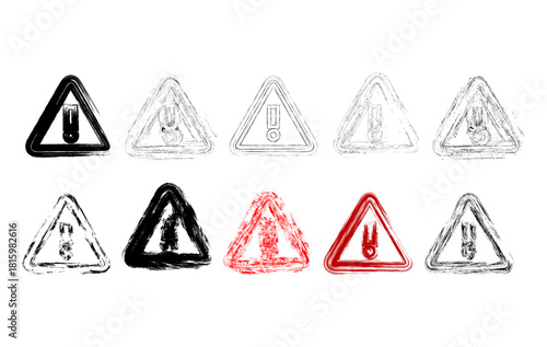 Set of rough, hand drawn warning and alert triangle icons featuring black and red textured designs. Ideal for safety labels, hazard signs, risk communication graphics, and infographic elements.