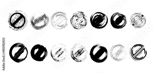 A set of rough, hand drawn black prohibition and cancel symbols with grunge texture. Perfect for UI alerts, warning designs, restriction signs, error messages, posters, and modern graphic layouts.