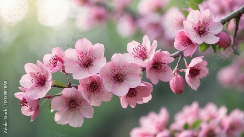 Wallpaper Mural Close-up of pink cherry blossoms blooming on a branch in soft natural light featuring delicate petals fresh buds and a blurred green background captured in vivid detail throughout the scene. Torontodigital.ca