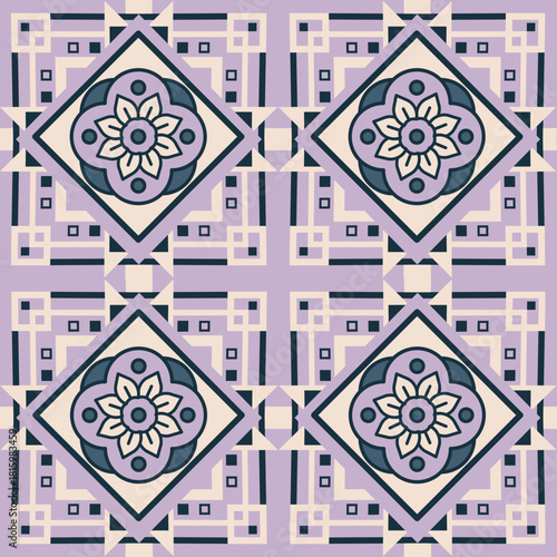 A Blue-Purple tone Basic Flower vector geometric pattern with retro-inspired shapes, a trendy color palette, and a versatile layout. Great for digital art, poster design, and Textile Print