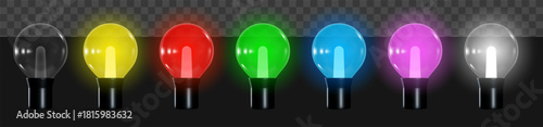 3d colorful glowing light bulbs for Christmas garland lights. Bright multicolored glowing light bulbs with transparent effect, realistic reflections and vibrant illumination. Vector illustration